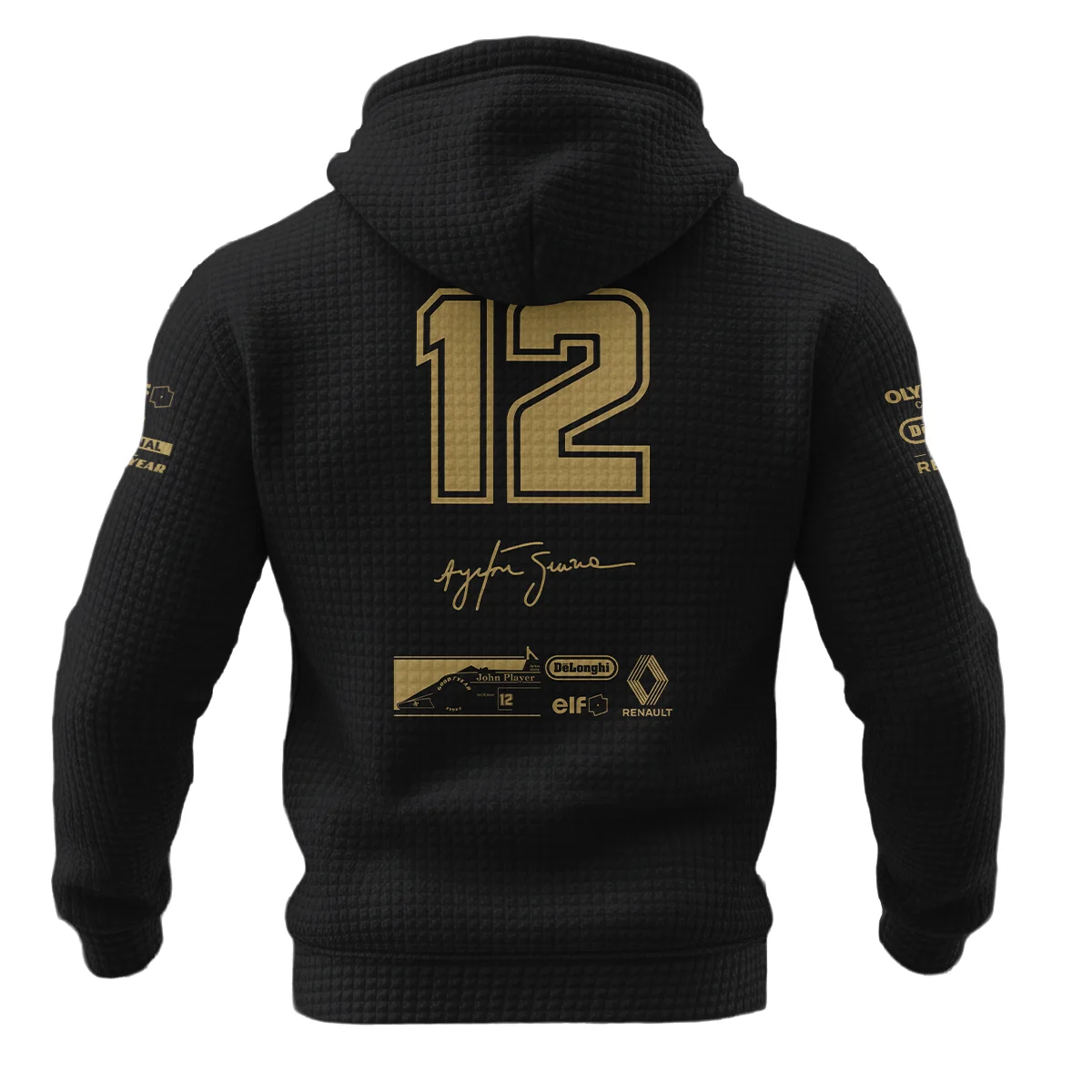 1985 Ayrton Senna John Player Special – Lotus Renault Hoodie Quilted Waffle BL3725A1HQW - Image 3