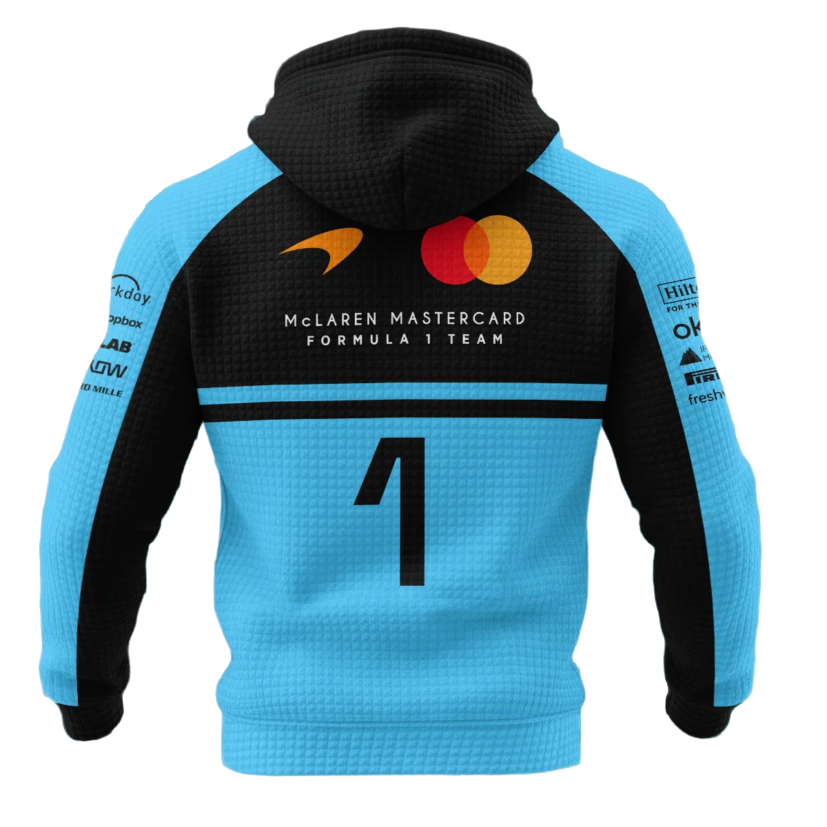 2026 Lando Norris 1 McLaren F1 Teamwear Hoodie Quilted Waffle BLNR25326A3HQW - Cyan - Image 3