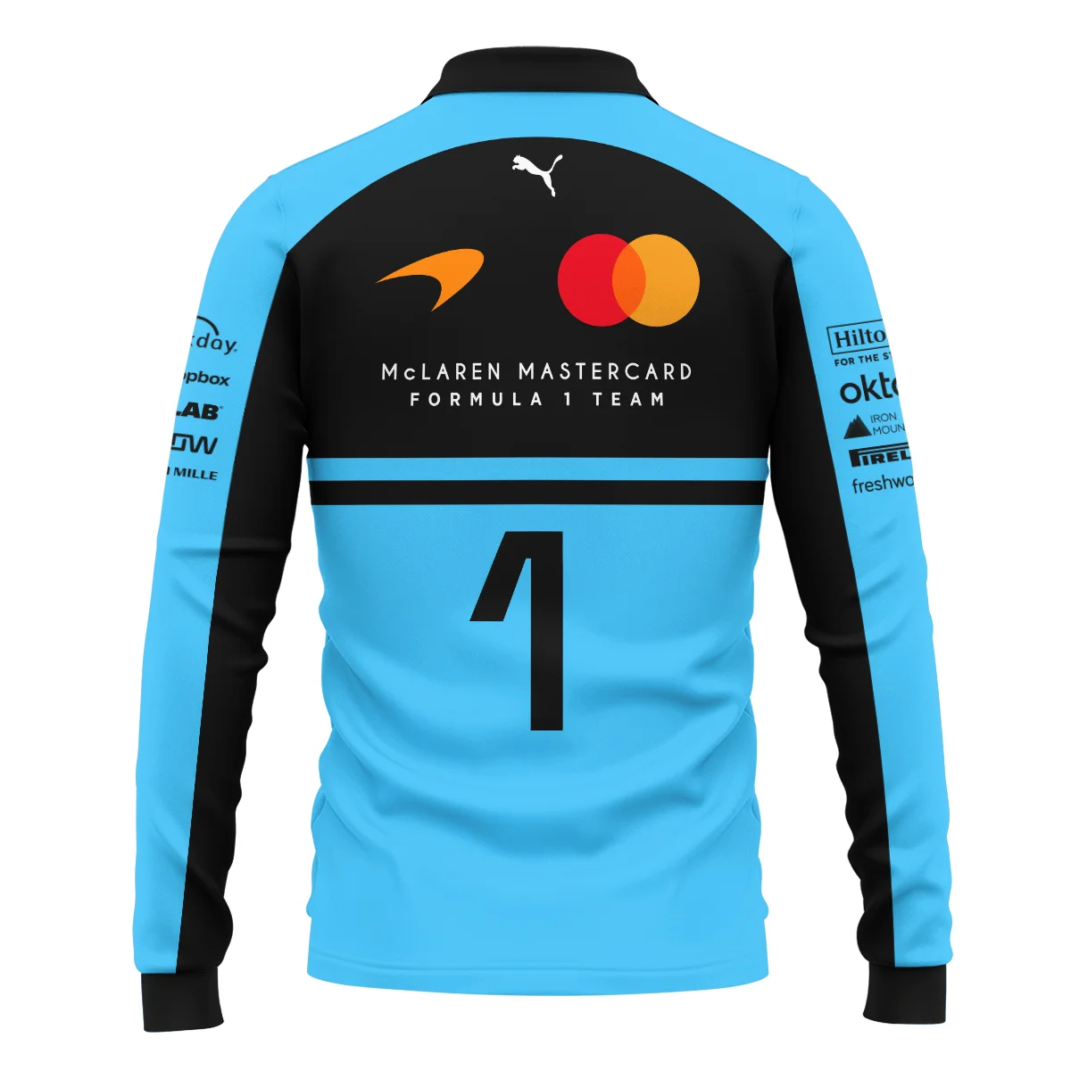 2026 Lando Norris 1 McLaren F1 Teamwear Long Polo Shirt BLNR25326A3LPL - Cyan - Image 3