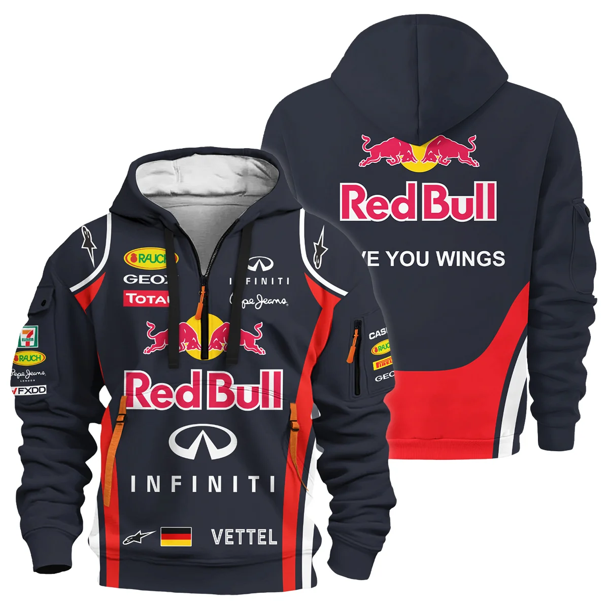 2011 Sebastian Vettel Racing Suit Red Bull Racing F1 Hoodie Half Zip Unisex Motorsport Apparel BLVASV110925A6HDF
