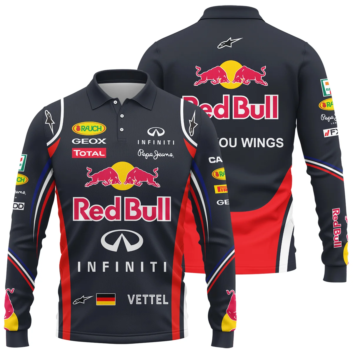 2011 Sebastian Vettel Racing Suit Red Bull Racing F1 Long Polo Shirt Unisex Motorsport Apparel BLVASV110925A6LPL