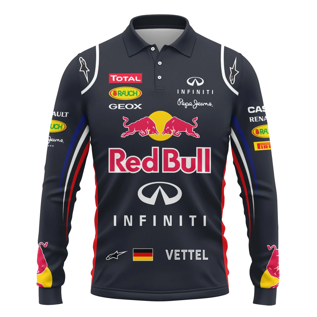 2012 Sebastian Vettel Racing Suit Red Bull Racing F1 Long Polo Shirt BLVASV110925A5LPL - Image 2