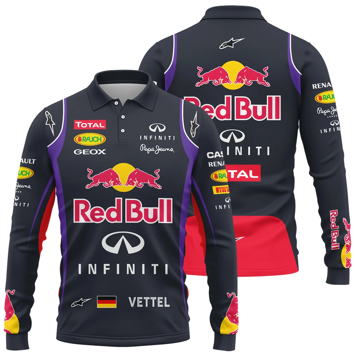 2013 Sebastian Vettel Racing Suit Red Bull Racing F1 Long Polo Shirt Unisex Motorsport Apparel BLVASV110925A4LPL