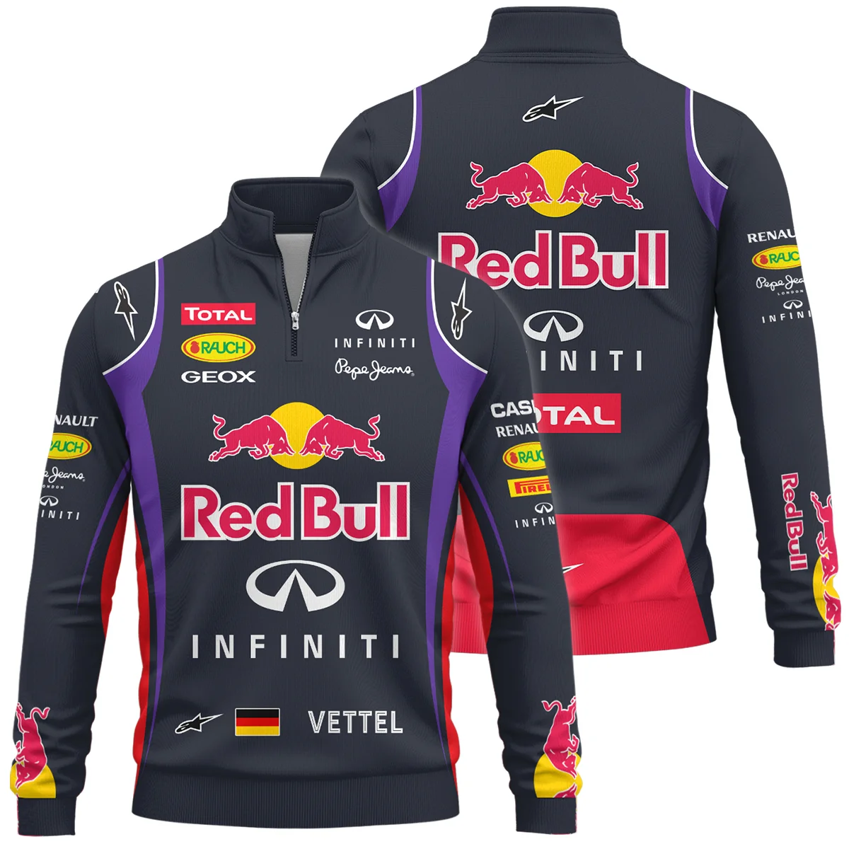 2013 Sebastian Vettel Racing Suit Red Bull Racing F1 Quarter-Zip Sweatshirt Unisex Motorsport Apparel BLVASV110925A4QZS
