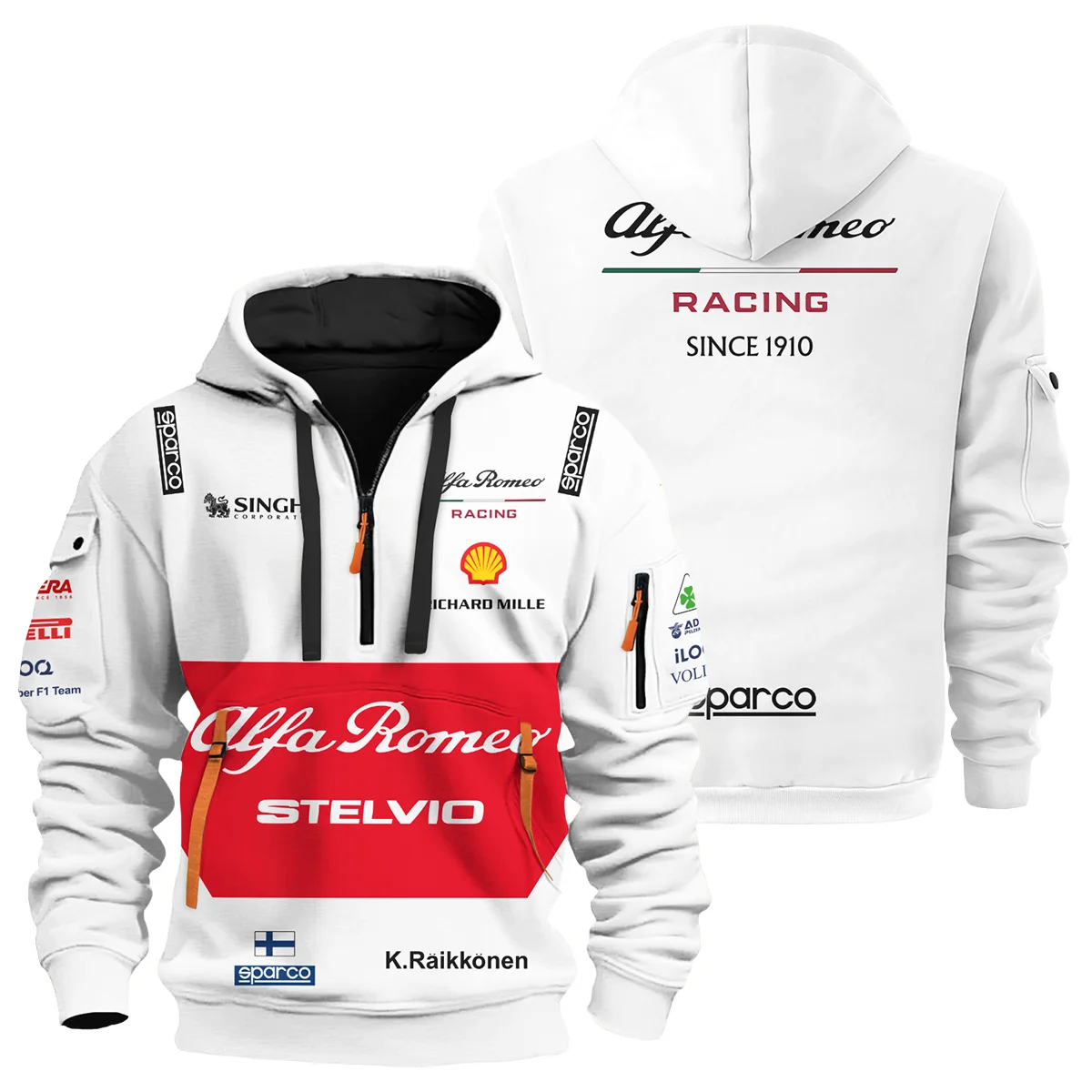 2019 Kimi Raikkonen Racing Suit Alfa Romeo F1 Hoodie Half Zip Unisex Motorsport Apparel BLVAKR191125A6HDF