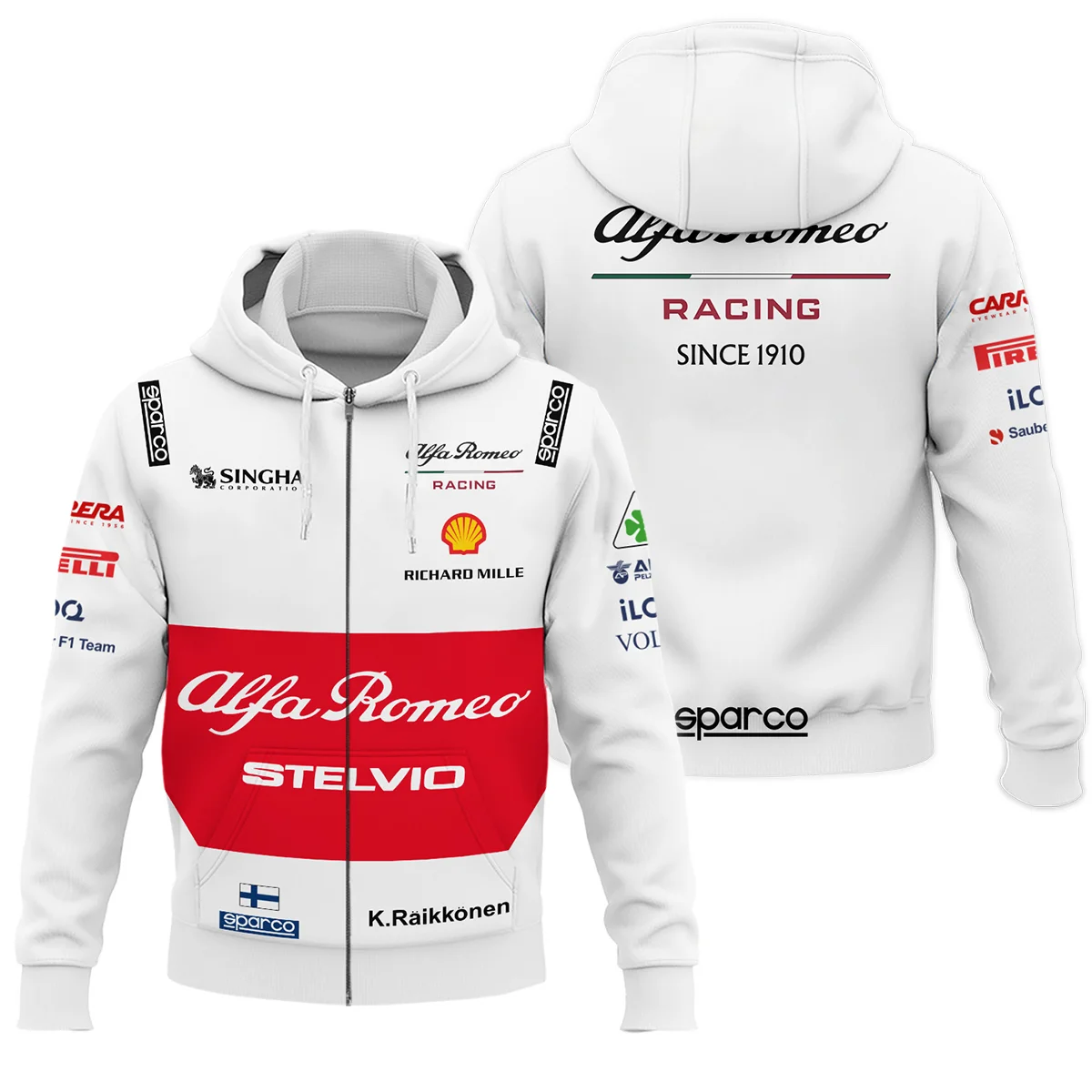 2019 Kimi Raikkonen Racing Suit Alfa Romeo F1 Zipper Hoodie Unisex Motorsport Apparel BLVAKR191125A6ZHD