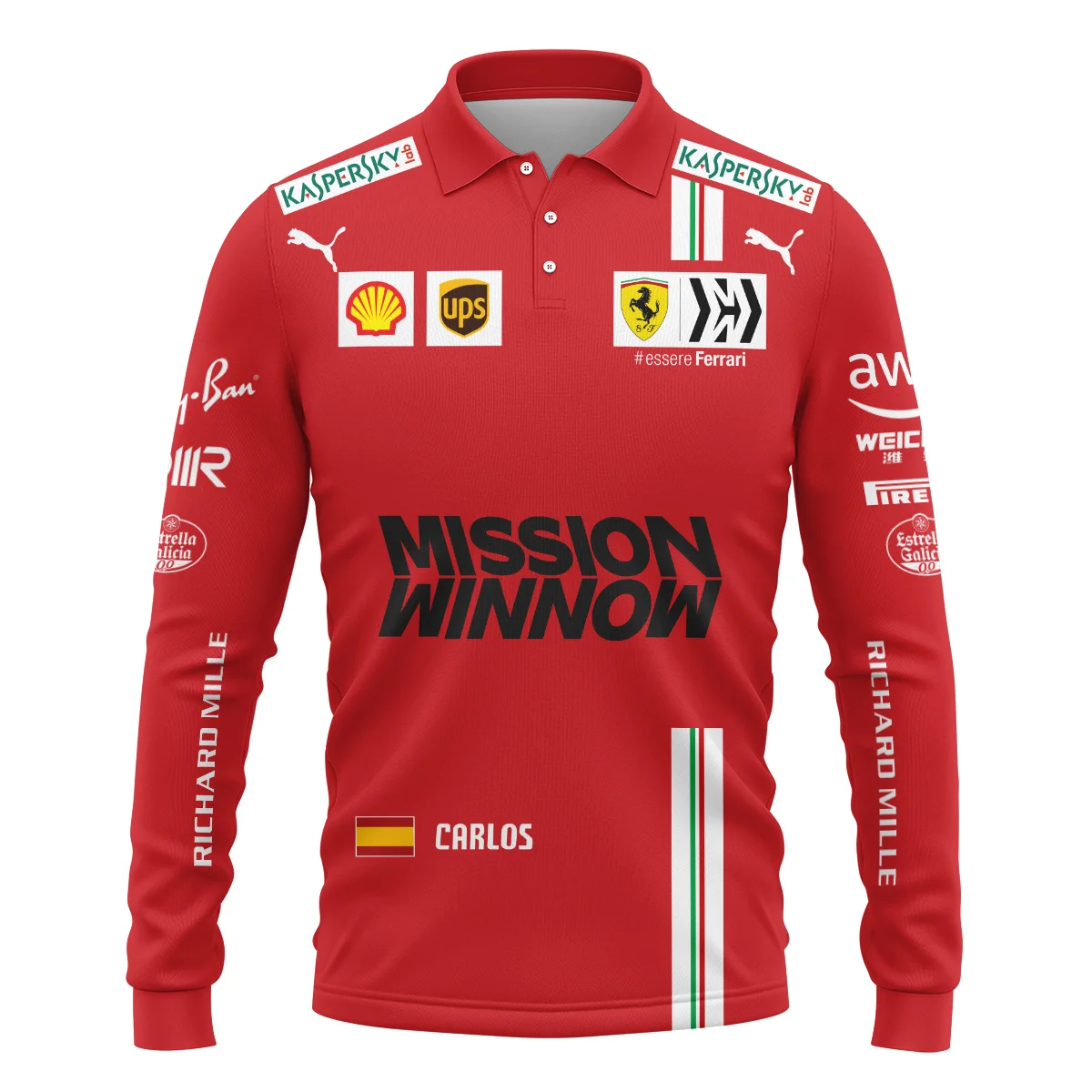 2021 Carlos Sainz Racing Suit Ferrari F1 Long Polo Shirt BLVACS190825A7LPL - Image 2