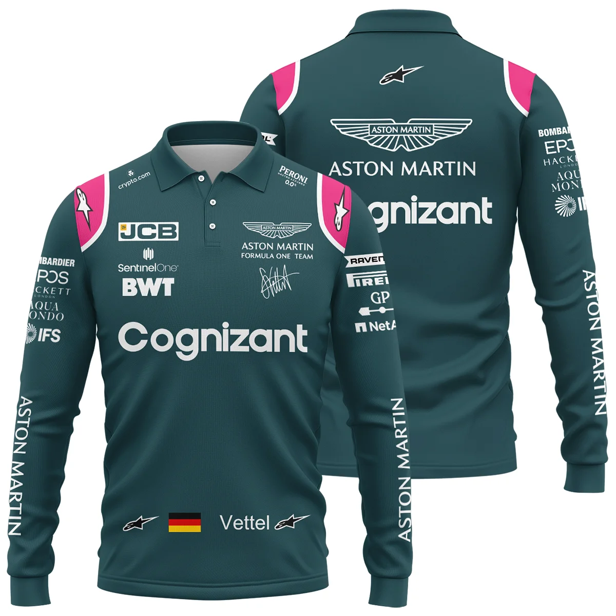 2021 Sebastian Vettel Racing Suit Aston Martin F1 Long Polo Shirt BLVASV110925A2LPL