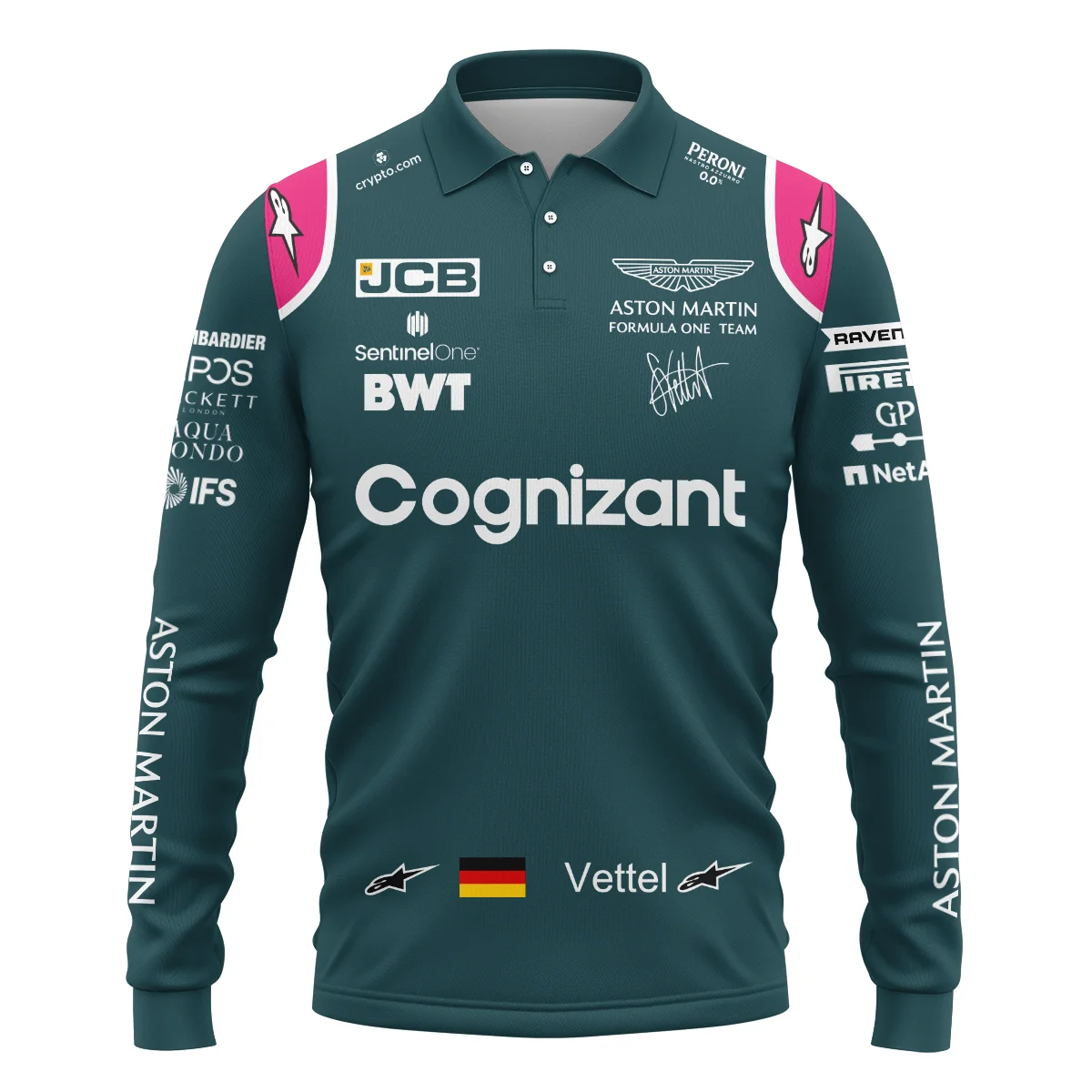 Alternative view of 2021 Sebastian Vettel Racing Suit Aston Martin F1 Long Polo Shirt BLVASV110925A2LPL