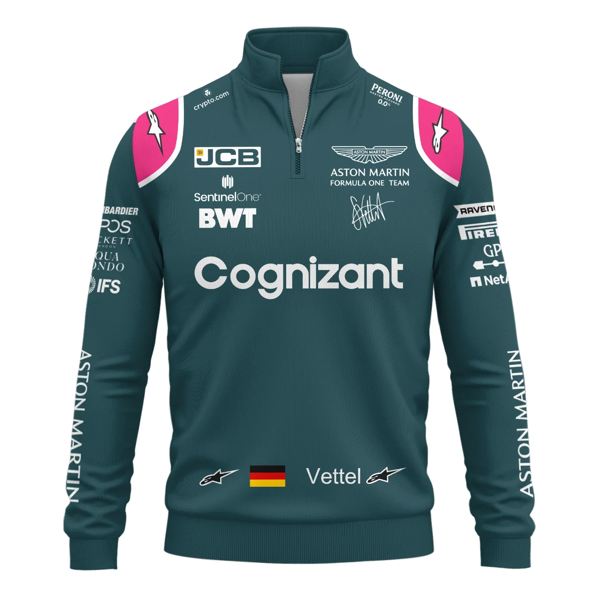 Alternative view of 2021 Sebastian Vettel Racing Suit Aston Martin F1 Quarter-Zip Sweatshirt BLVASV110925A2QZS