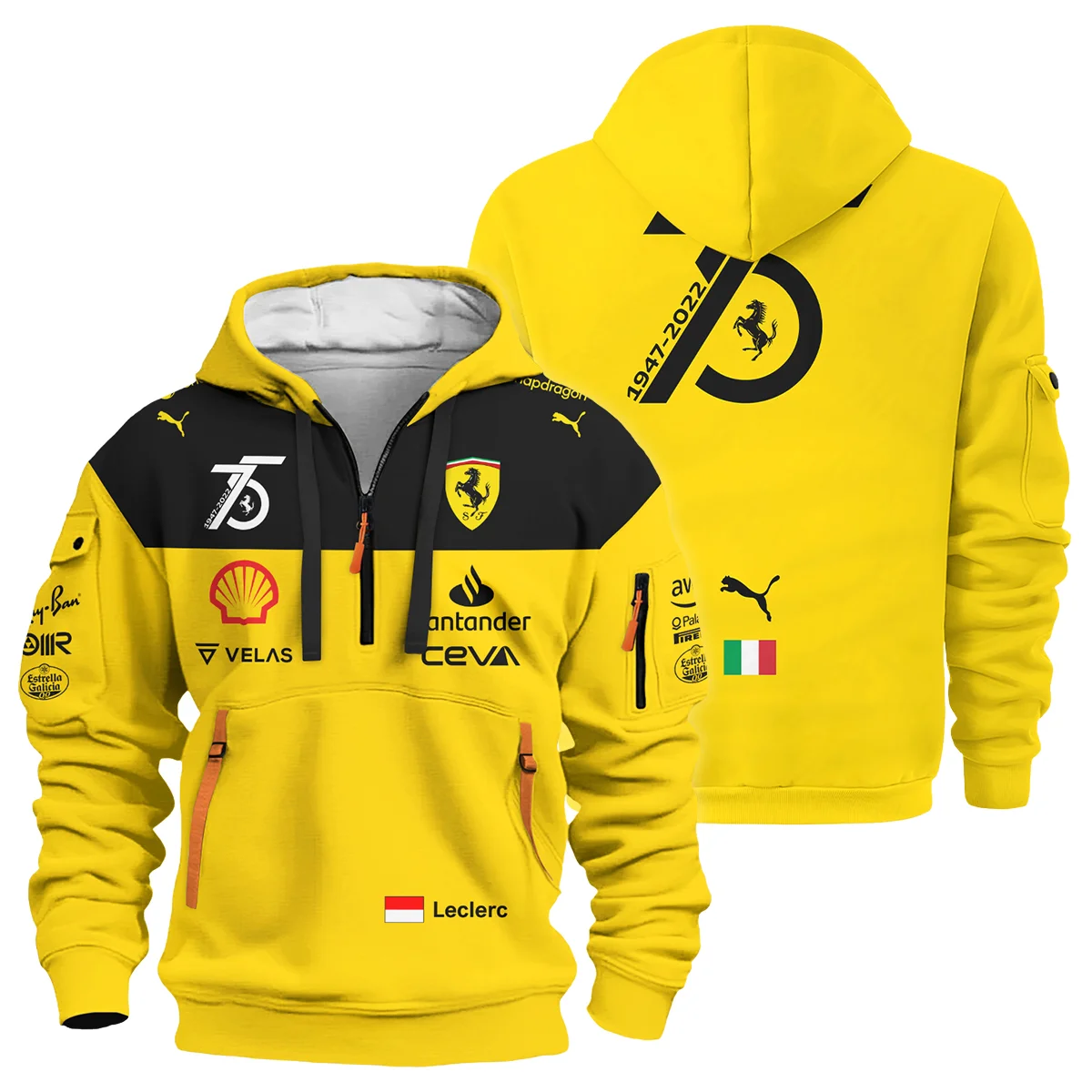 2022 75th Anniversary Charles Leclerc Racing Suit Ferrari F1 Hoodie Half Zip Unisex Motorsport Apparel BLVACL190825A13HDF