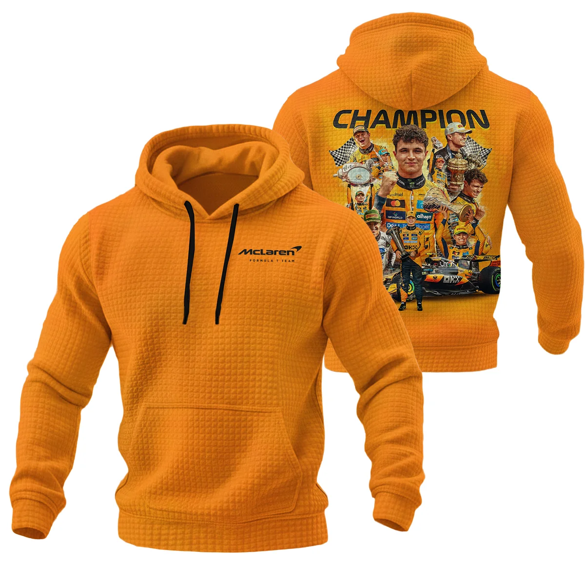 2025 Champion Lando Norris McLaren F1 Team Hoodie Quilted Waffle Unisex Motorsport Apparel BLNRWDCA12HQW