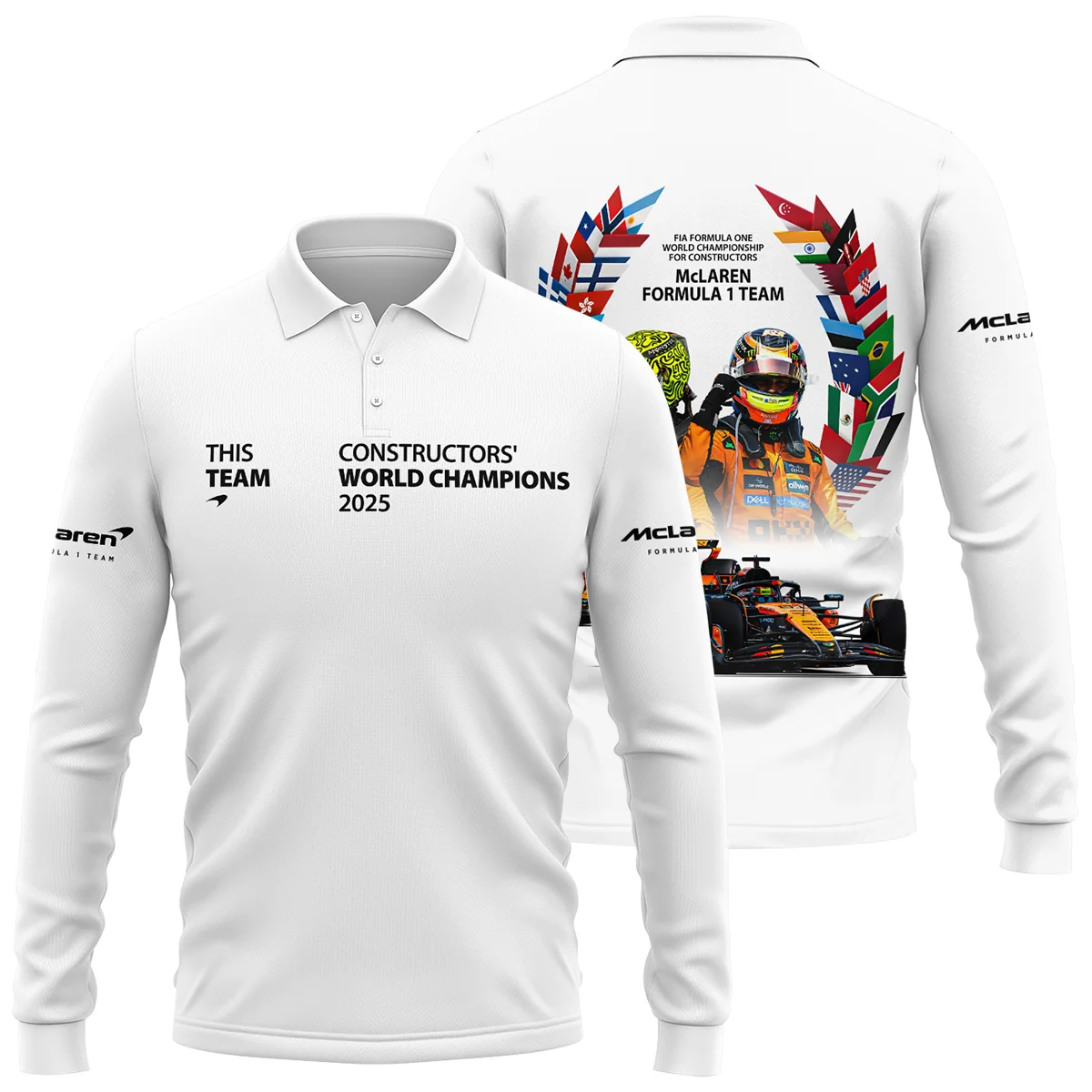 2025 Champions McLaren Formula One Long Polo Shirt Unisex Motorsport Apparel BLMCL51025A5LPL