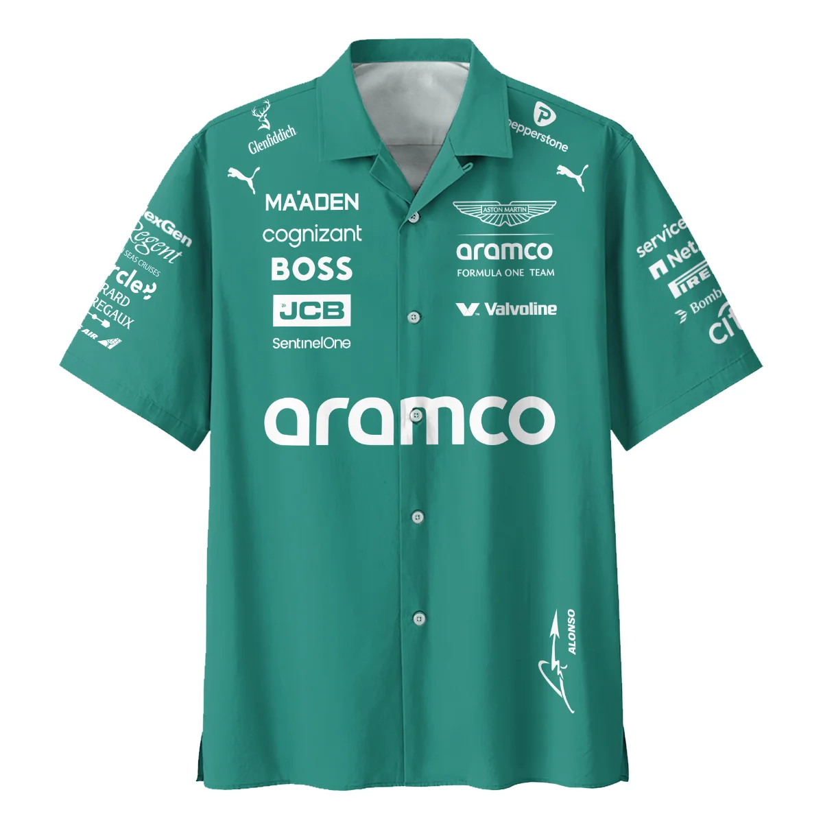 Alternative view of 2025 Fernando Alonso Racing Suit Aston Martin F1 Hawaiian Shirt BLVAFA030925A11HW