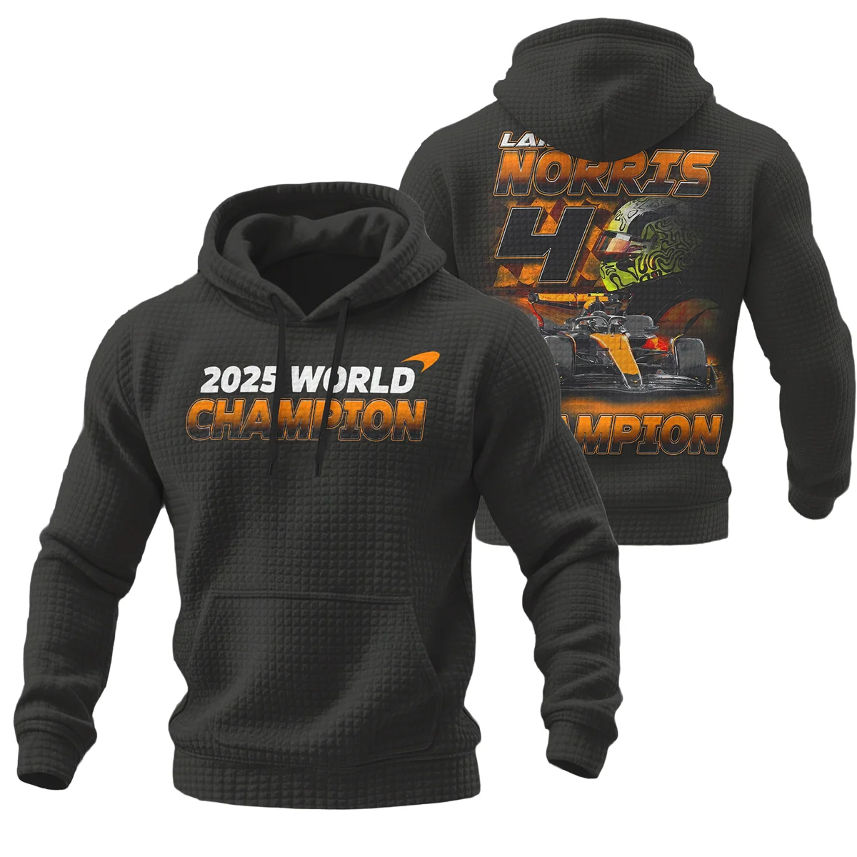 2025 Lando Norris 4 World Champion McLaren F1 Team Hoodie Quilted Waffle Unisex Motorsport Apparel BLNRWDCA8HQW