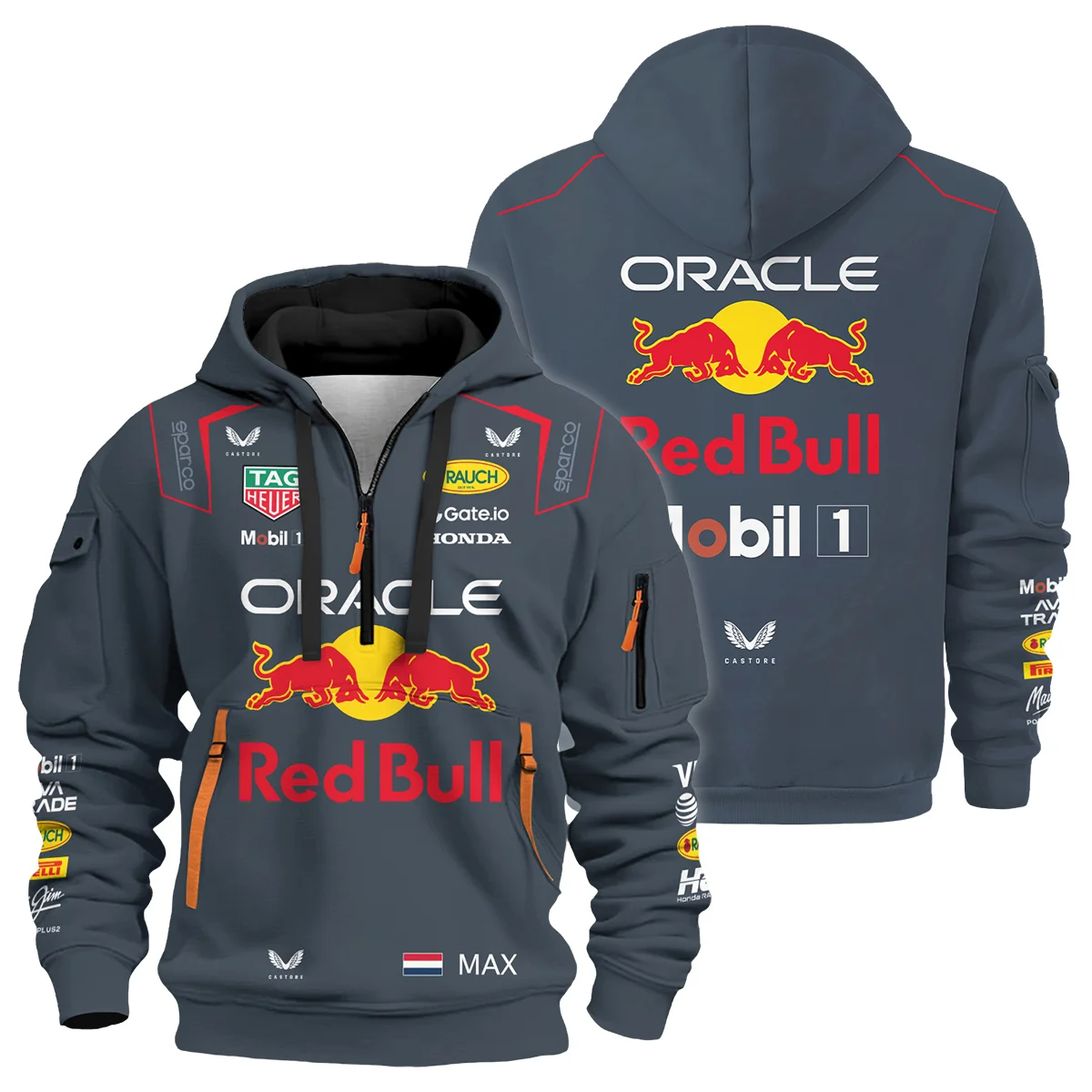 2025 Max Verstappen Racing Suit Red Bull Racing F1 Hoodie Half Zip Unisex Motorsport Apparel BLVAMV281125A2HDF