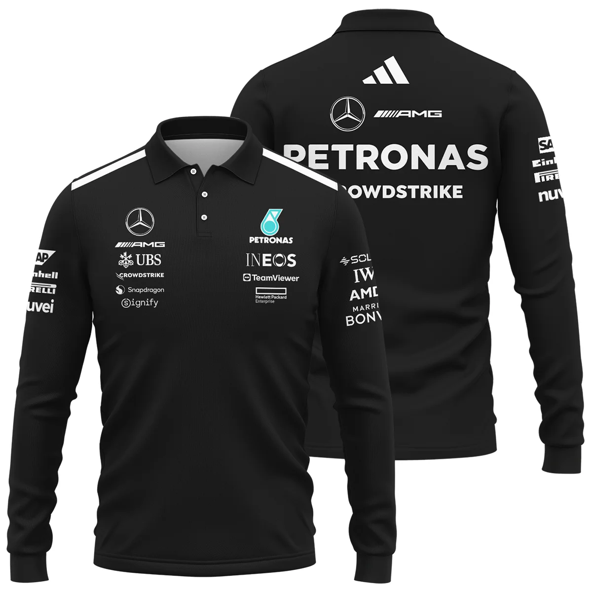 2025 Team Mercedes-AMG Petronas F1 Long Polo Shirt All Over Prints Unisex Motorsport Apparel BLMER6525A1LPL