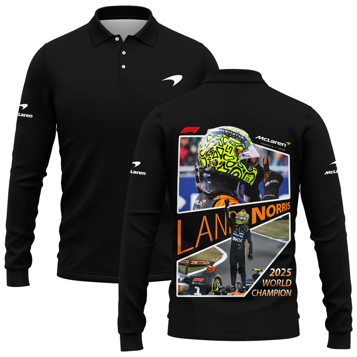 2025 WDC Lando Norris McLaren F1 Team Long Polo Shirt Unisex Motorsport Apparel BLNRWDCA5LPL