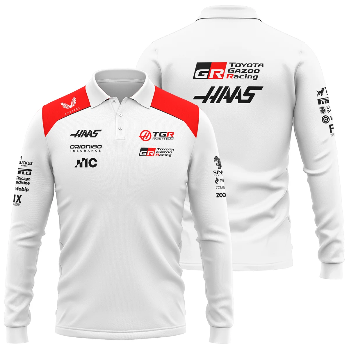 2026 Haas F1 Teamwear Long Polo Shirt Unisex Motorsport Apparel BLVAHAAS9226A2LPL - White