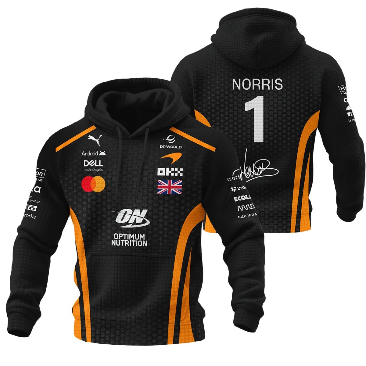 2026 Lando Norris McLaren F1 Teamwear Hoodie Quilted Waffle Unisex Motorsport Apparel BLNR26226A1HQW - Orange