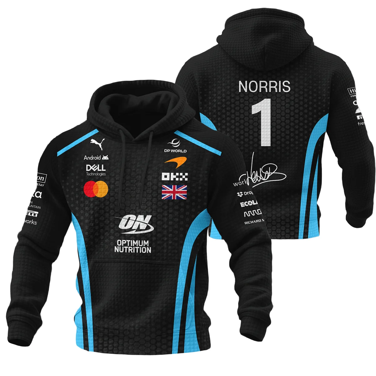 2026 Lando Norris McLaren F1 Teamwear Hoodie Quilted Waffle Unisex Motorsport Apparel BLNR26226A3HQW - Cyan