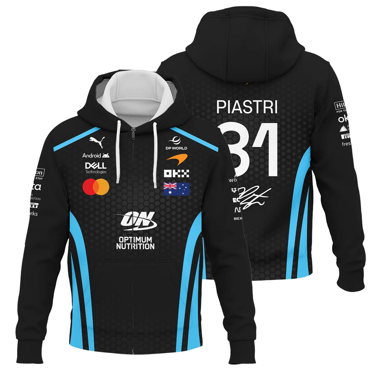 2026 Oscar Piastri McLaren F1 Teamwear Zipper Hoodie Unisex Motorsport Apparel BLOP26226A3ZHD - Cyan
