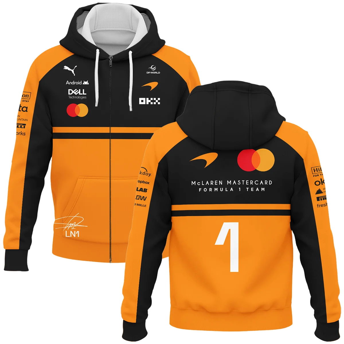 2026 Lando Norris 1 McLaren F1 Teamwear Zipper Hoodie BLNR25326A1ZHD - Orange