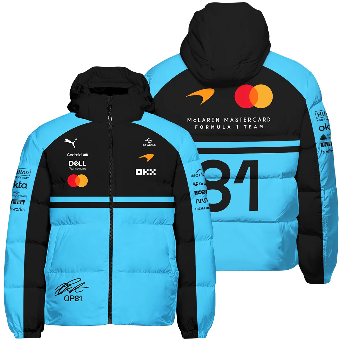 2026 Oscar Piastri 81 McLaren F1 Teamwear Down & Puffer Jackets BLOP25326A3HCJ - Cyan