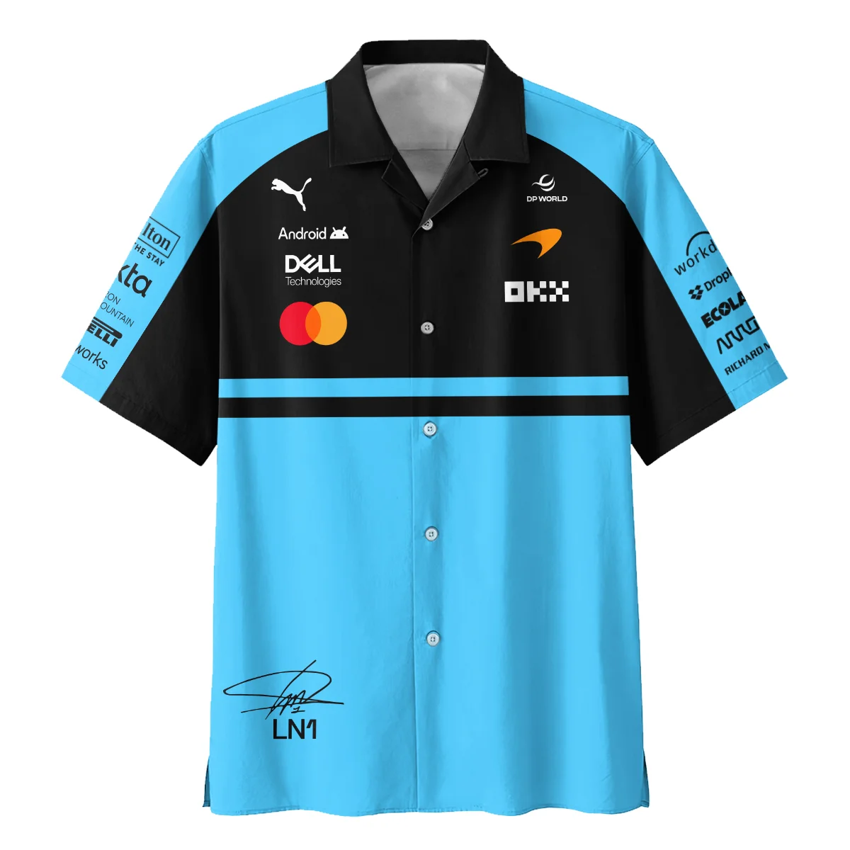 2026 Lando Norris 1 McLaren F1 Teamwear Hawaiian Shirt BLNR25326A3HW - Cyan - Image 2
