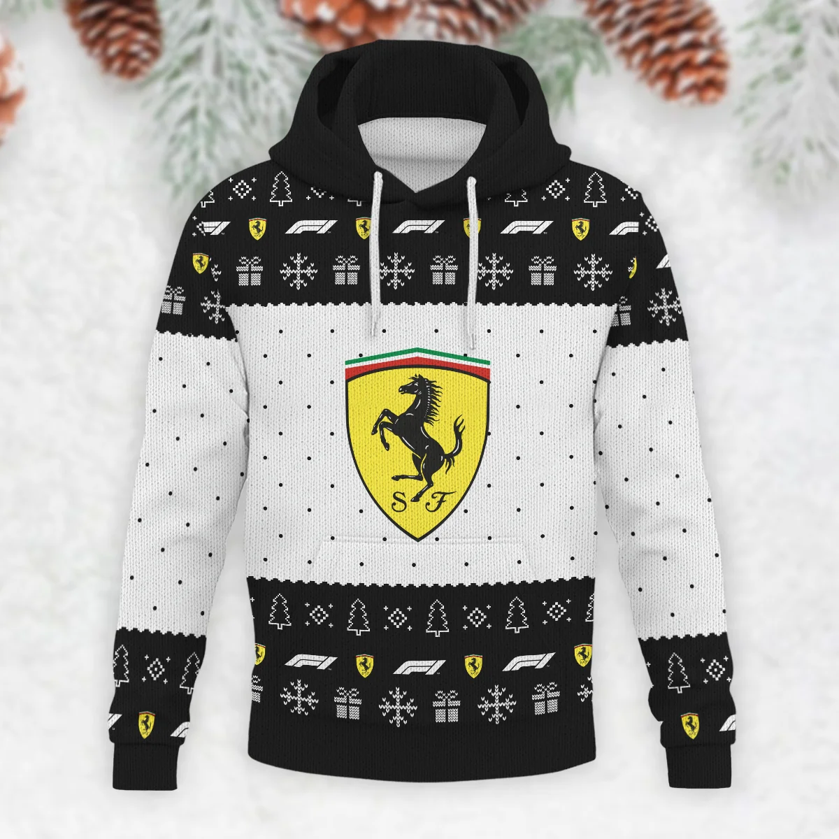 Christmas Pattern Ferrari Formula 1 - Knitted Hoodie Unisex Motorsport Apparel BLVAF12209250A1FRR - Image 2