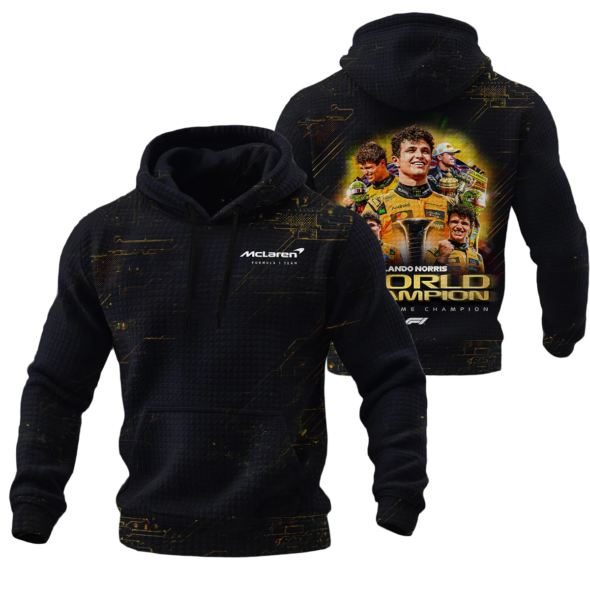 First Time Champion Lando Norris McLaren F1 Team Hoodie Quilted Waffle Unisex Motorsport Apparel BLNRWDCA11HQW