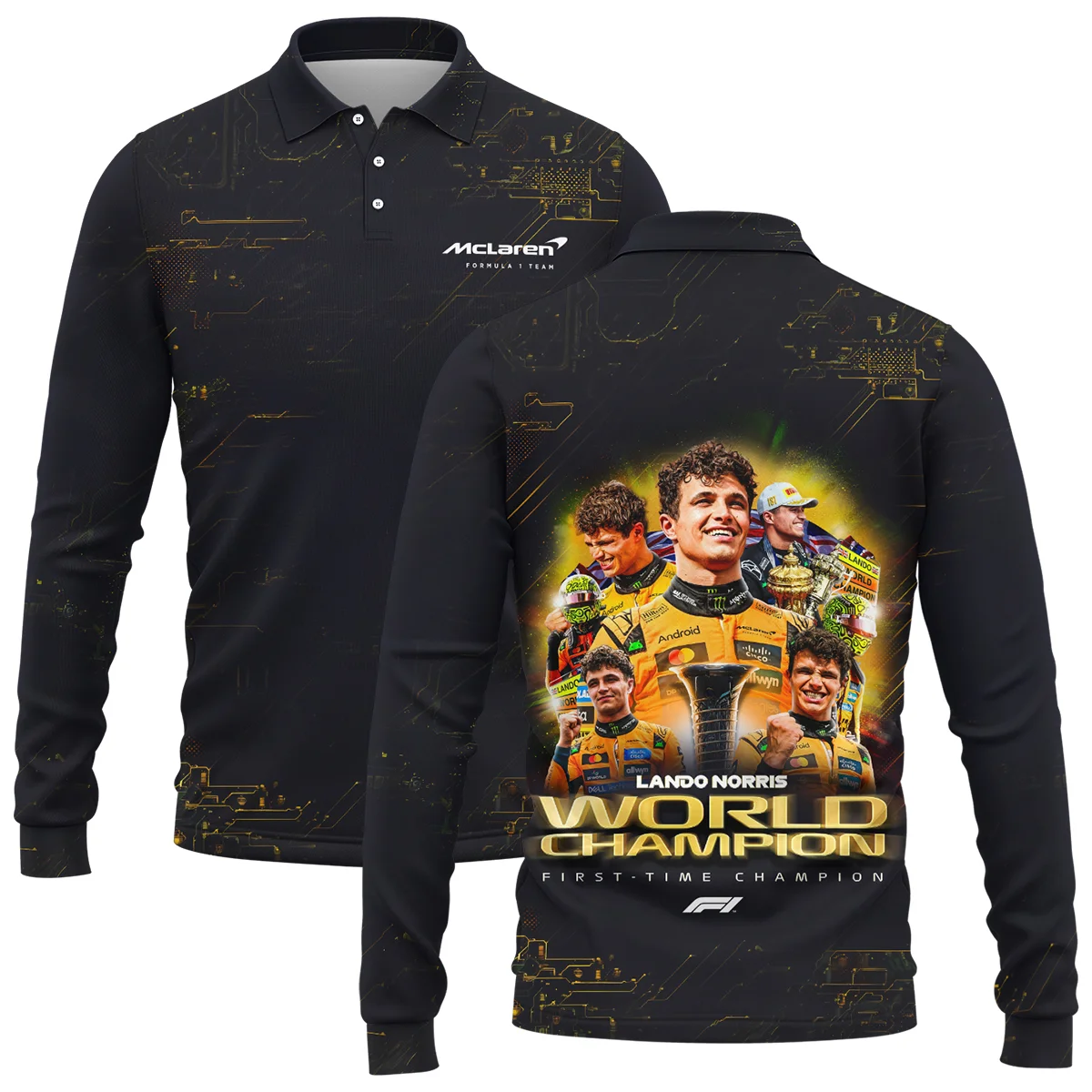 First Time Champion Lando Norris McLaren F1 Team Long Polo Shirt Unisex Motorsport Apparel BLNRWDCA11LPL