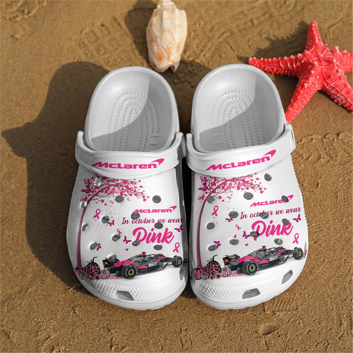 In October We Wear Pink McLaren Crocs - Waterproof Odor-resistant Antimicrobial Unisex Motorsport Apparel BLMCL7925A1CROC