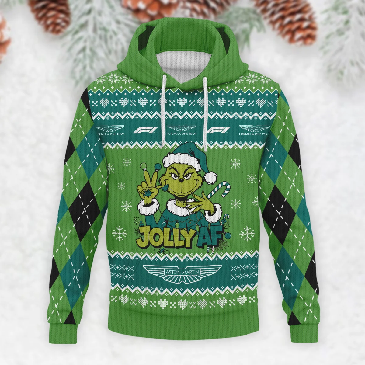 Jolly AF The Grinch Aston Martin Formula 1 - Knitted Hoodie BLVAF12209250A16AM - Image 2