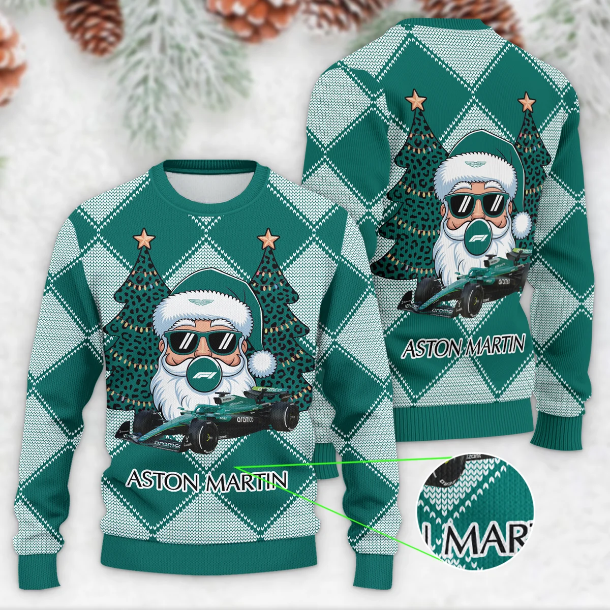 Santa Pinetree Car Aston Martin Formula 1 - Ugly Sweater BLVAF1220925A25AM