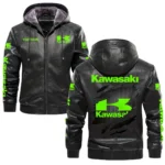 Kawasaki Inspired Fan Logo Hooded Leather Jacket QTMO230625A2KAW