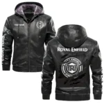 Royal Enfield Inspired Fan Logo Hooded Leather Jacket QTMO230625A2ROY
