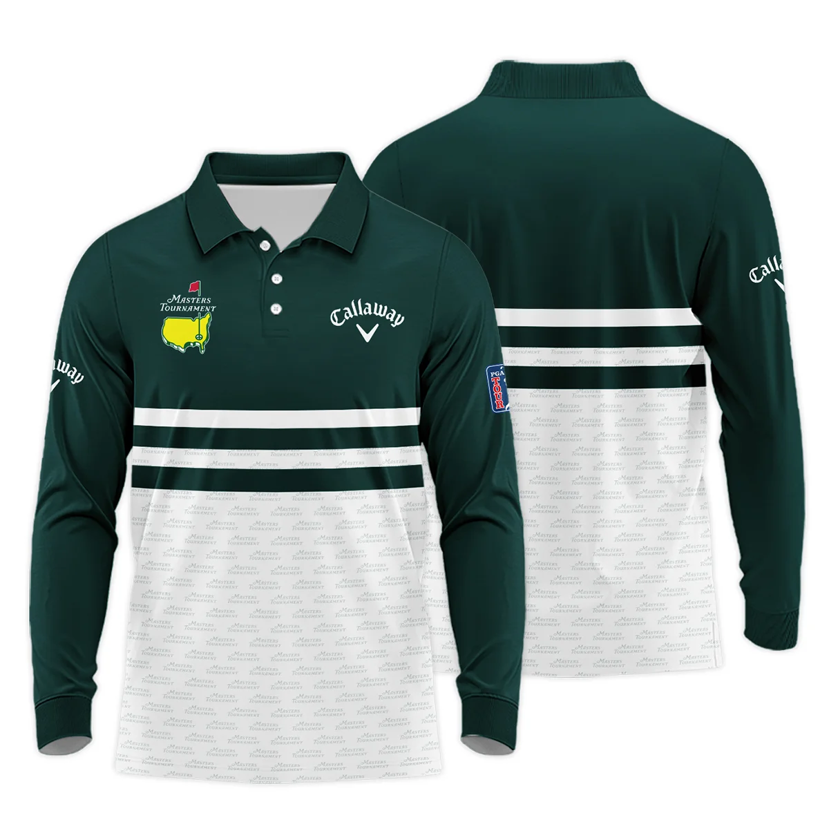 Dark Green Mix White With Logo Pattern Masters Tournament Callaway Long Polo Shirt Style Classic Long Polo Shirt For Men - Image 3
