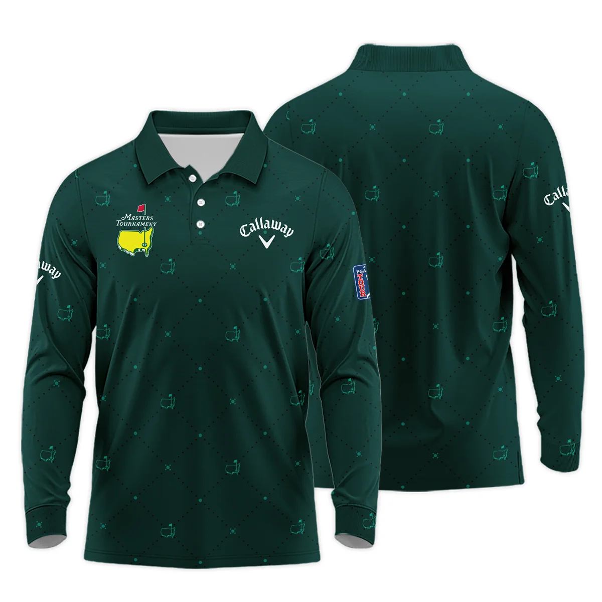 Dark Green Pattern In Retro Style With Logo Masters Tournament Callaway Long Polo Shirt Style Classic Long Polo Shirt For Men - Image 3