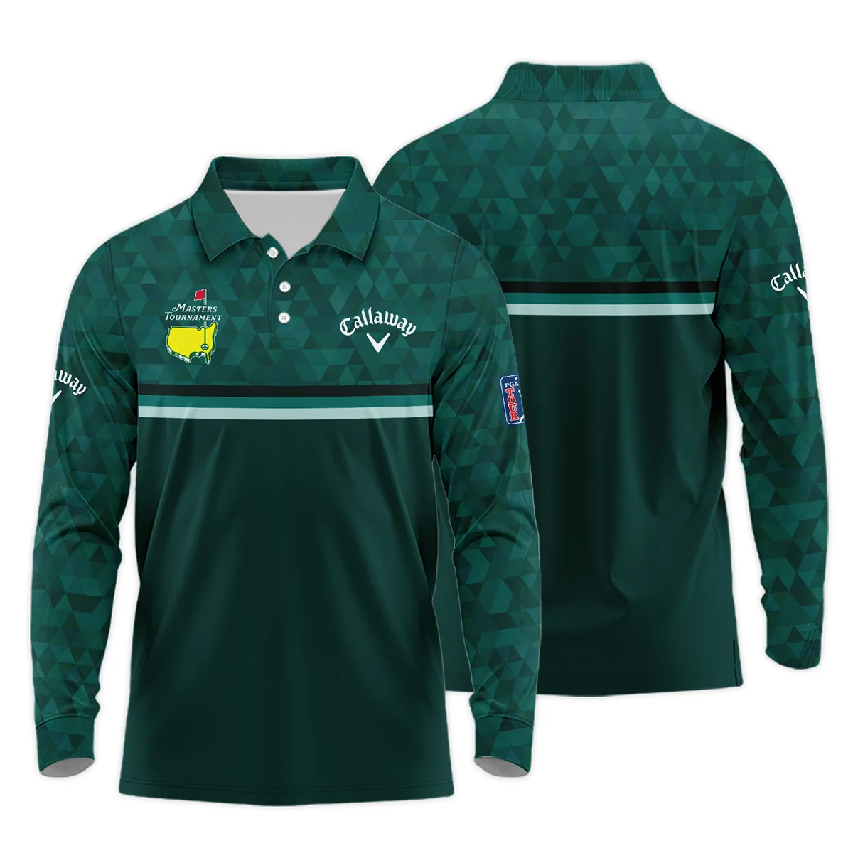 Dark Green Triangle Mosaic Pattern Masters Tournament Callaway Long Polo Shirt Style Classic Long Polo Shirt For Men - Image 3