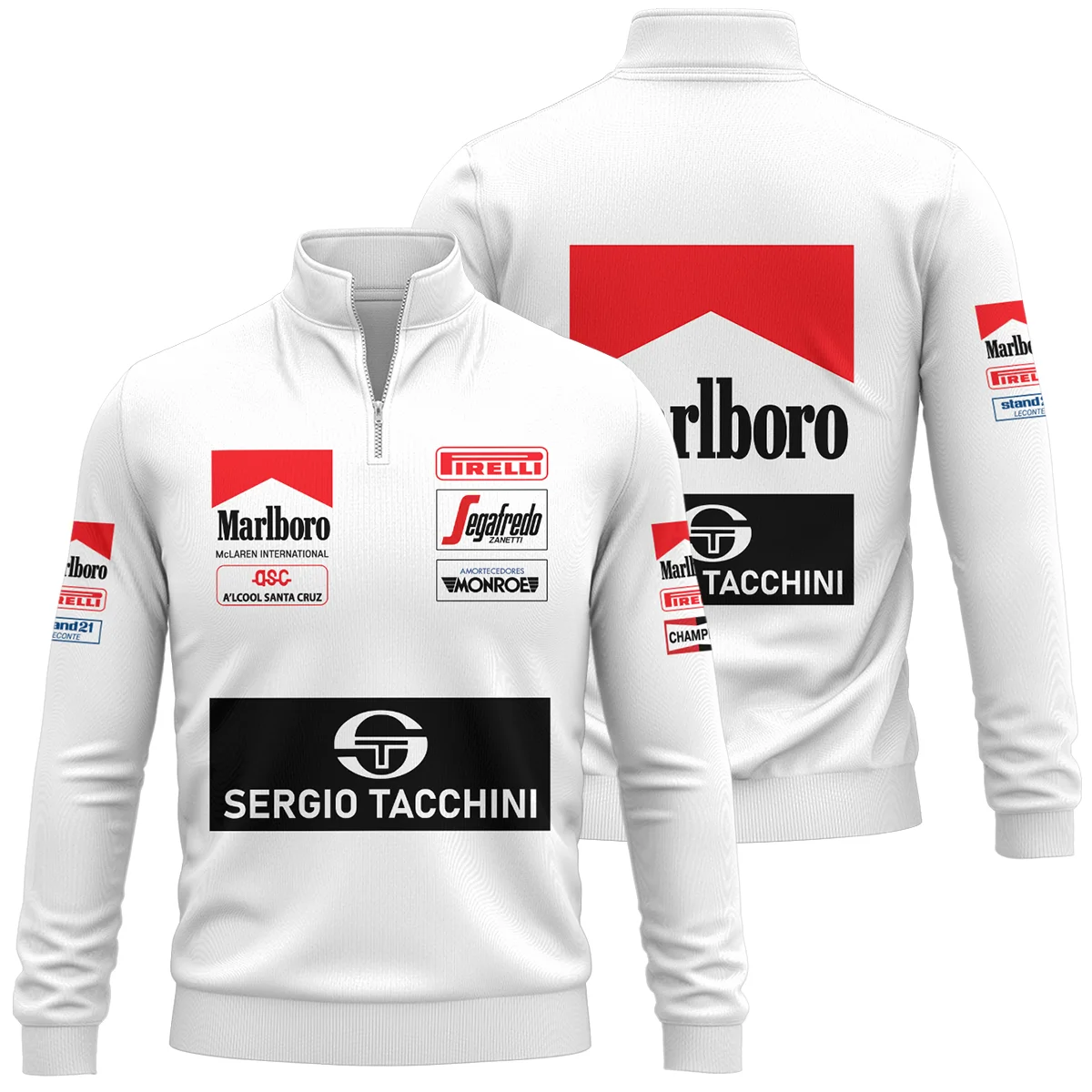 1984 Ayrton Senna Sergio Tacchini Toleman F1 Promotional Team Quarter-Zip Sweatshirt BL3725A7QZS - Race Day Design