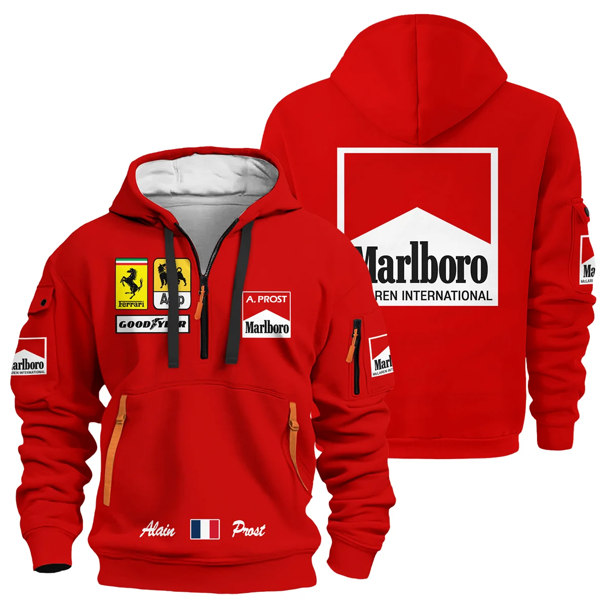 1990 Alain Prost Racing Costume Ferrari F1 Team Hoodie Half Zipper BLVAAP070725A02HDF - F1 Fan Gear