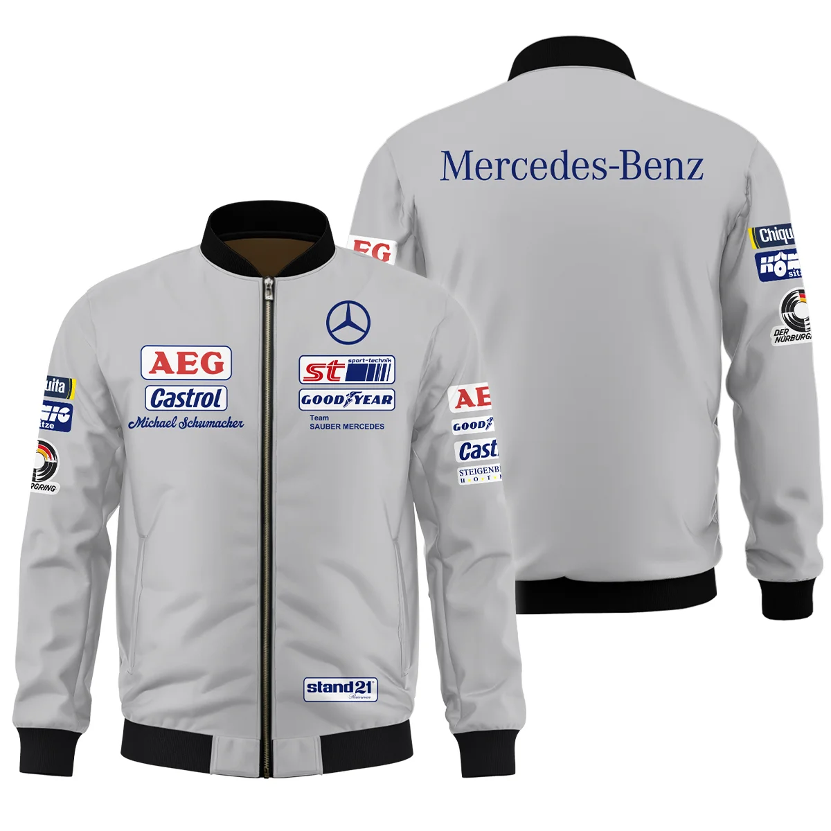 1990 Michael Schumacher Race Suit Mercedes F1 Bomber BLVAMC020925A5BB - Race Day Design