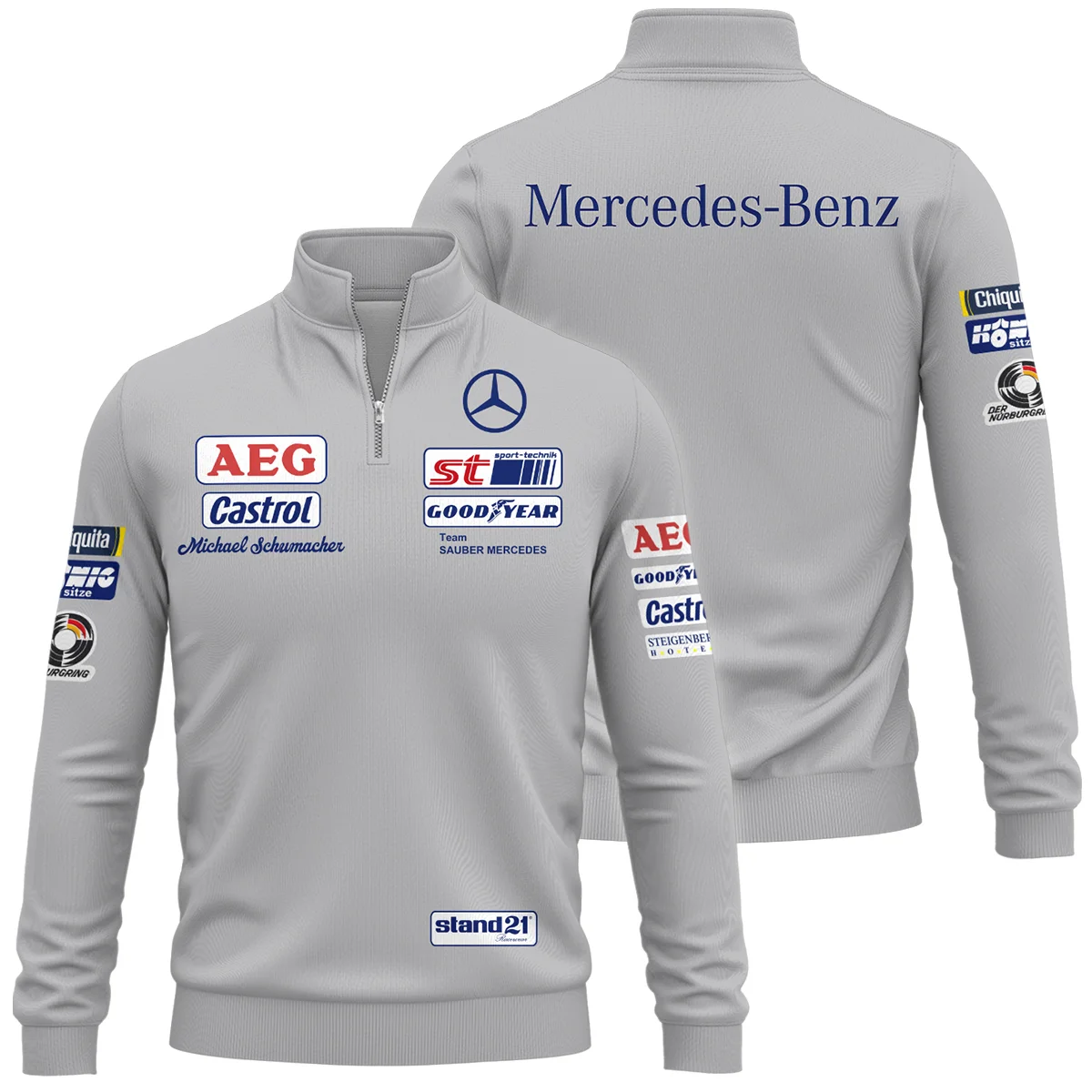1990 Michael Schumacher Race Suit Mercedes F1 Quarter-Zip Sweatshirt BLVAMC020925A5QZS - Formula Racing Apparel