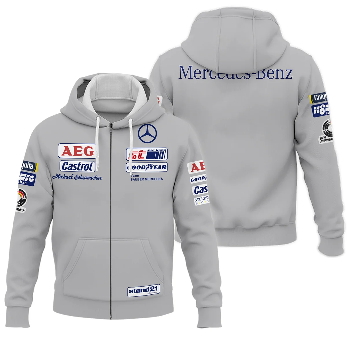 1990 Michael Schumacher Race Suit Mercedes F1 Zipper Hoodie BLVAMC020925A5ZHD - Motorsport Lifestyle Wear
