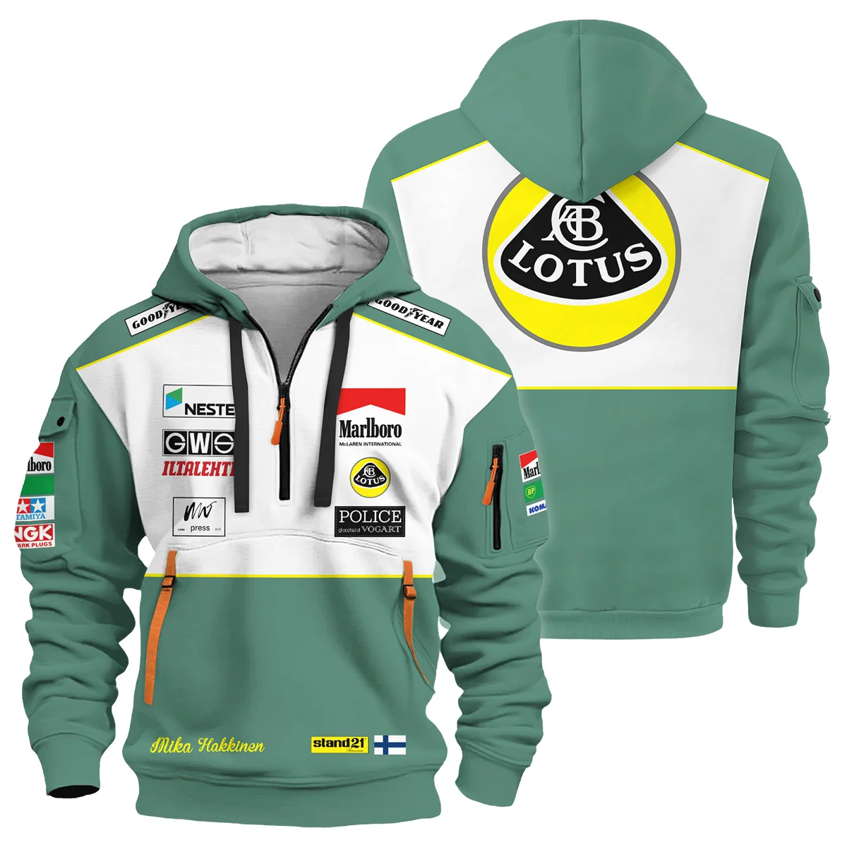 1991 Mika Hakkinen Racing Suit Lotus F1 Hoodie Half Zip BLVAMH271025A2HDF - Race Day Outfit