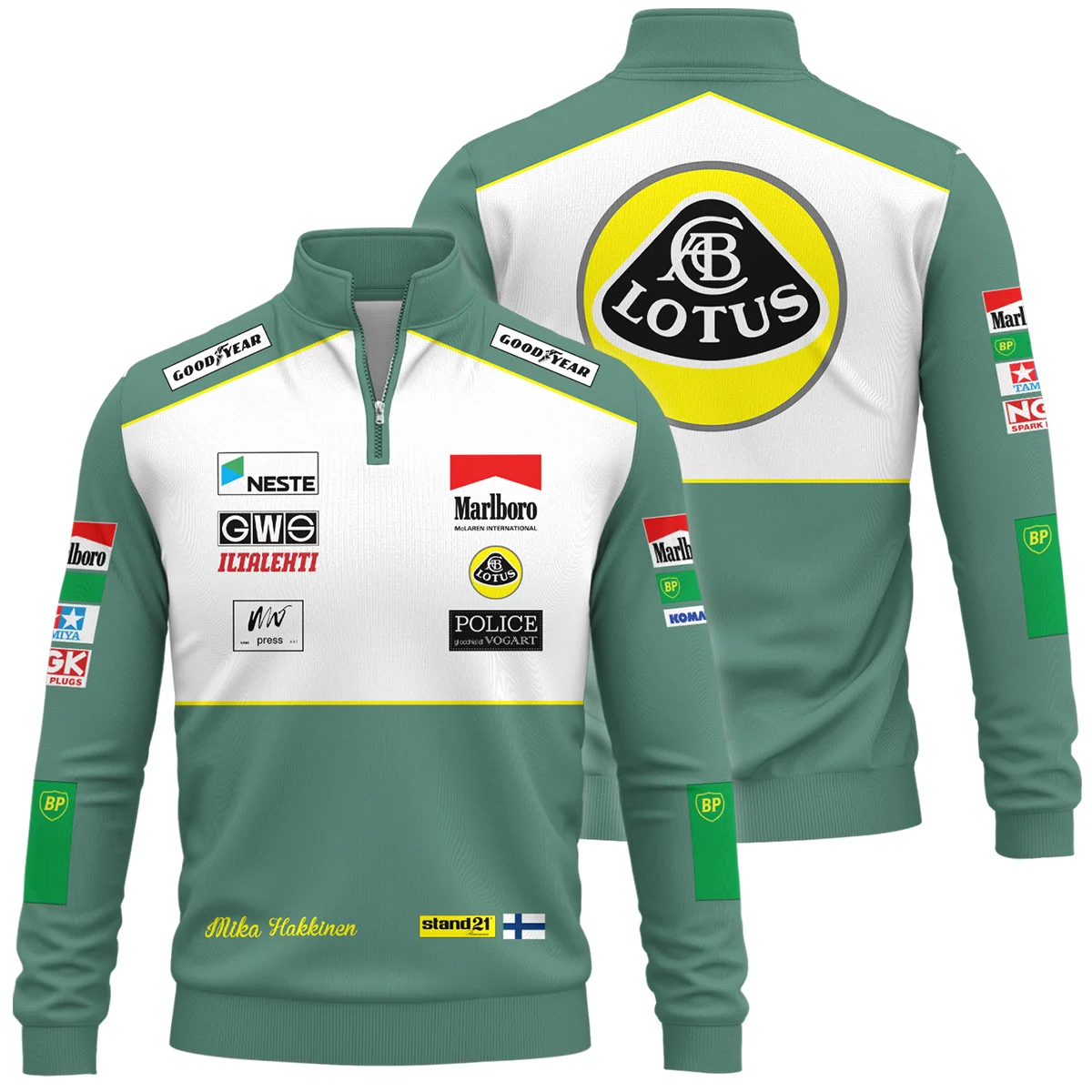 1991 Mika Hakkinen Racing Suit Lotus F1 Quarter-Zip Sweatshirt BLVAMH271025A2QZS - Motorsport Lifestyle Wear