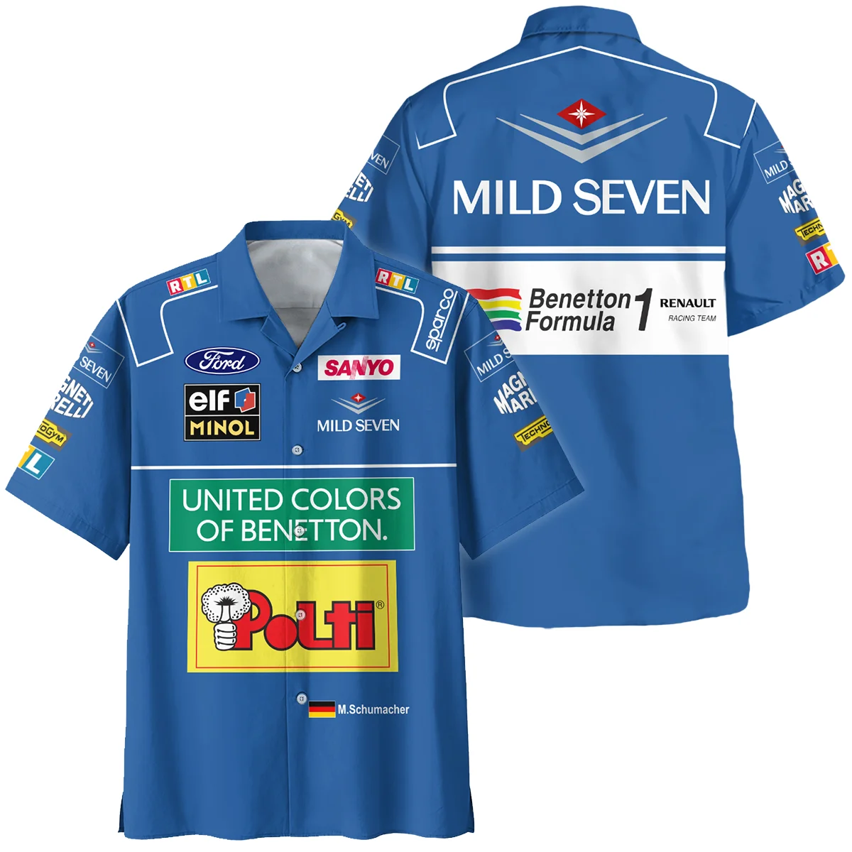 1994 WDC Michael Schumacher Race Suit Benetton F1 Hawaiian Shirt BLVAMC020925A4HW