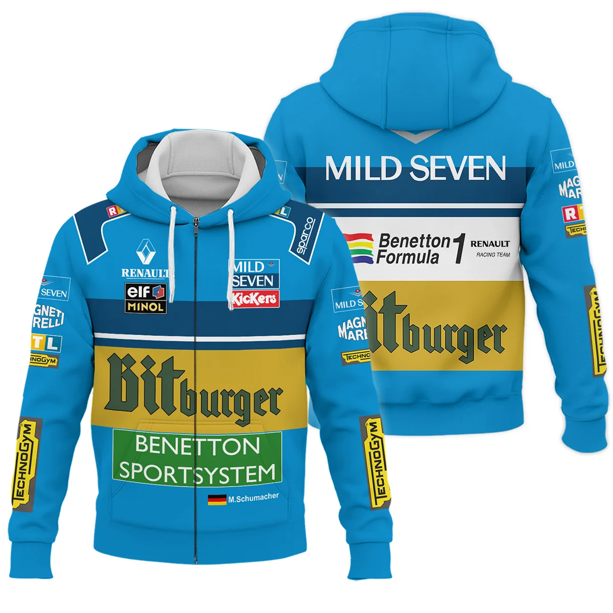 1995 WDC Michael Schumacher Race Suit Benetton F1 Zipper Hoodie BLVAMC020925A1ZHD