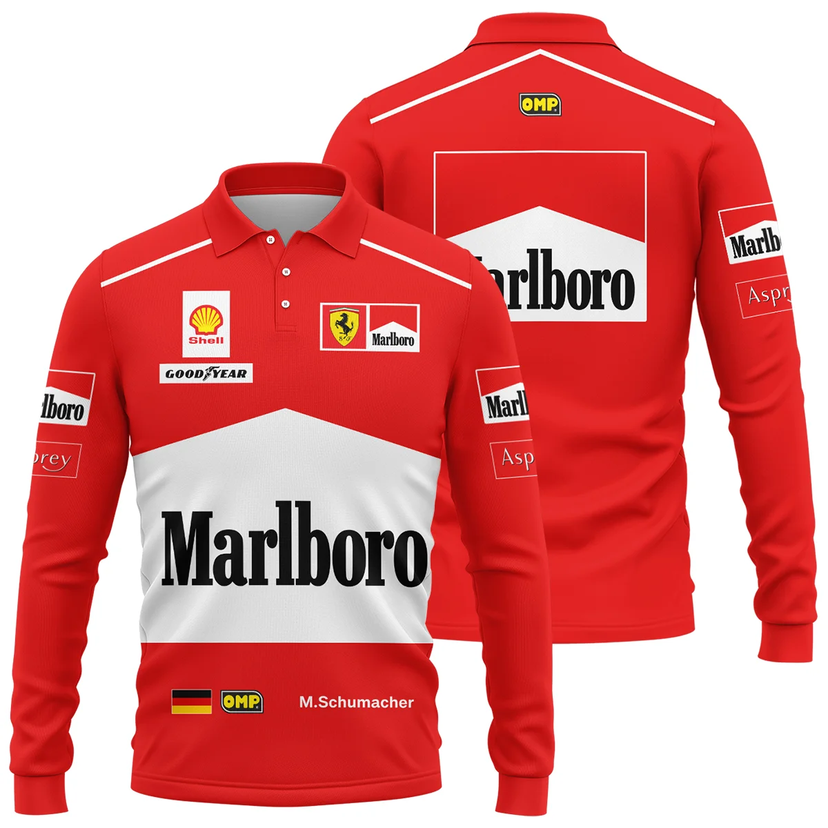 1997 Michael Schumacher Race Suit Ferrari F1 Long Polo Shirt BLVAMC020925A7LPL - Motorsport Lifestyle Wear